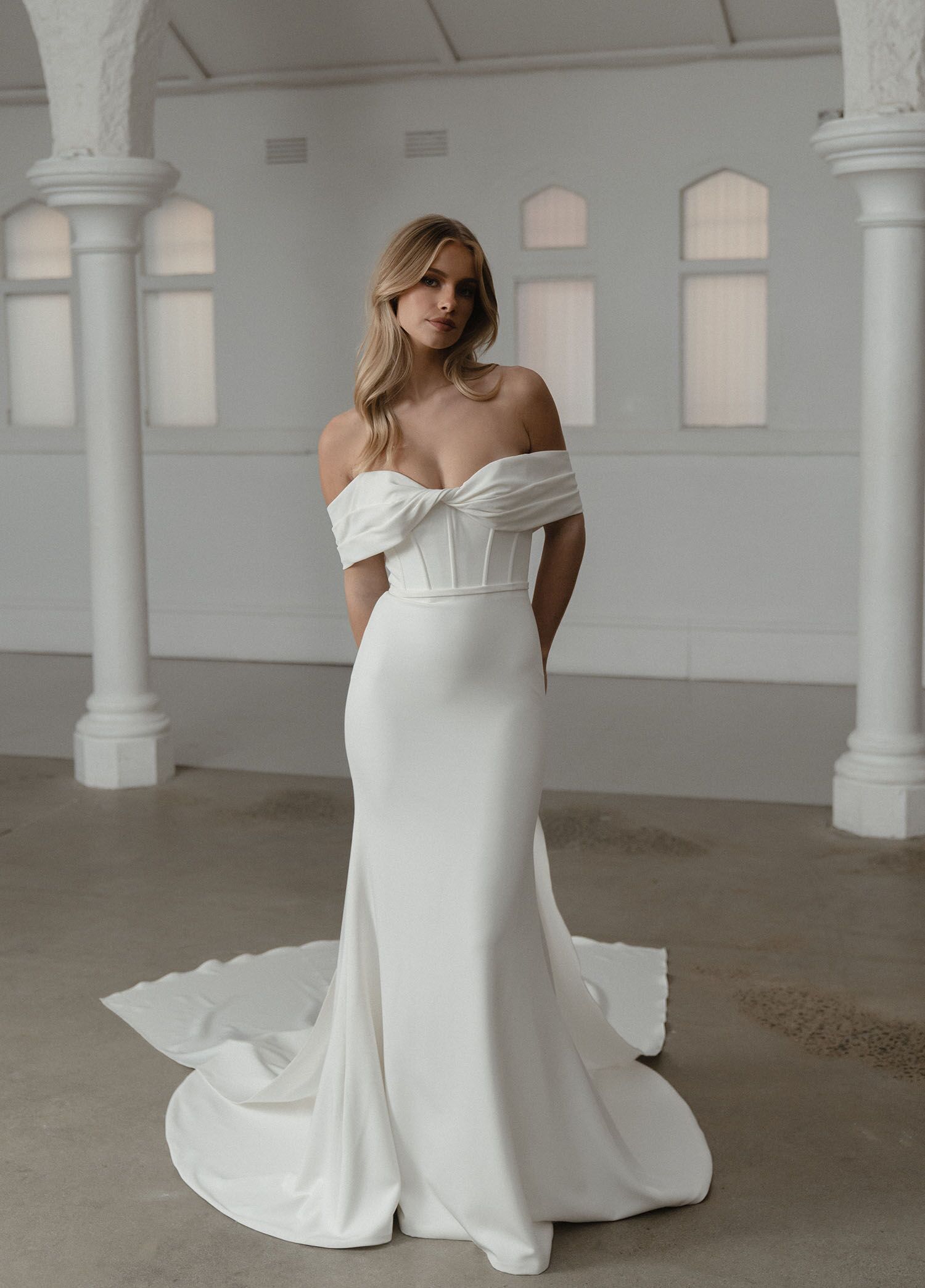 Soren Light Crepe Off the Shoulder Sleeves Fit and Flare Wedding Dress