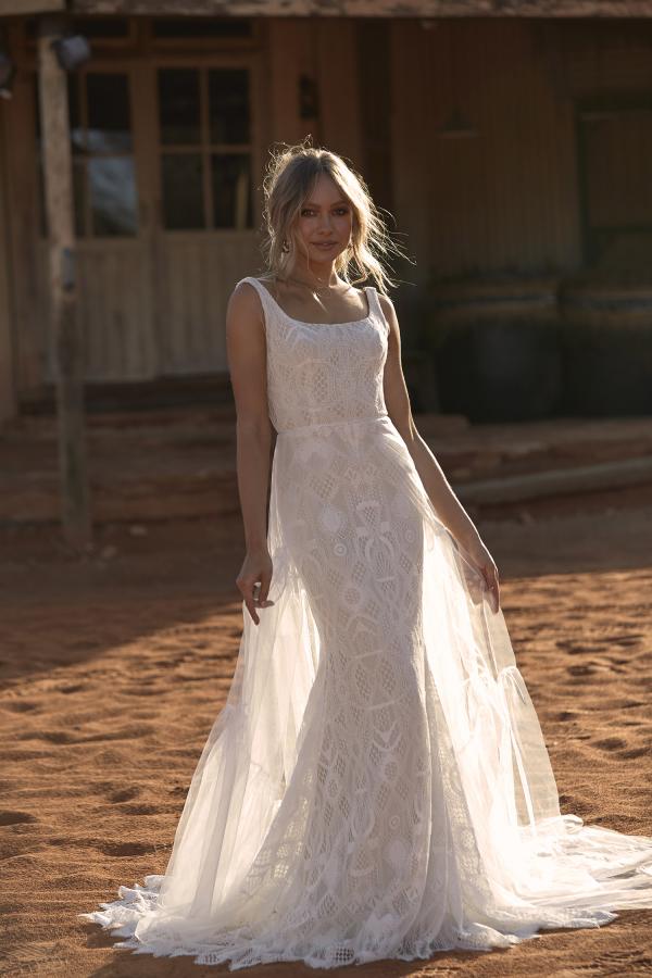 REIGN EY138 FULL LENGTH FITTED GOWN WITH SQUARE NECK LINE AND DETACHABLE OVERSKIRT INCLUDED WEDDING DRESS EVIE YOUNG BRIDAL2