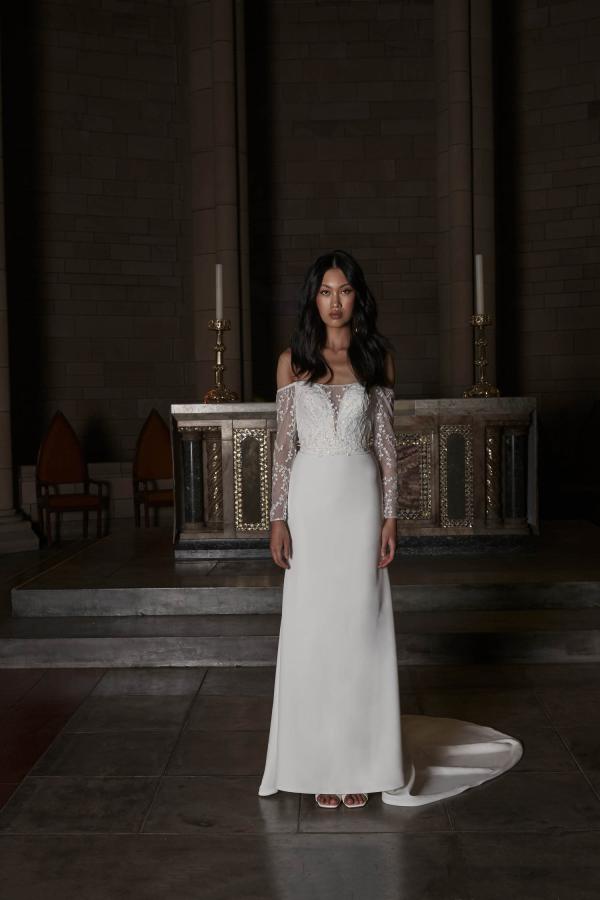 FRANKIE_EY313 FULL CREPE WITH SEED BEEDS SEQUINNED AND EMBROIDERED BODICE STRAPLESS FIT AND FLARE WEDDING DRESS WITH BUTTON UP BACK EVIE YOUNG BRIDAL1