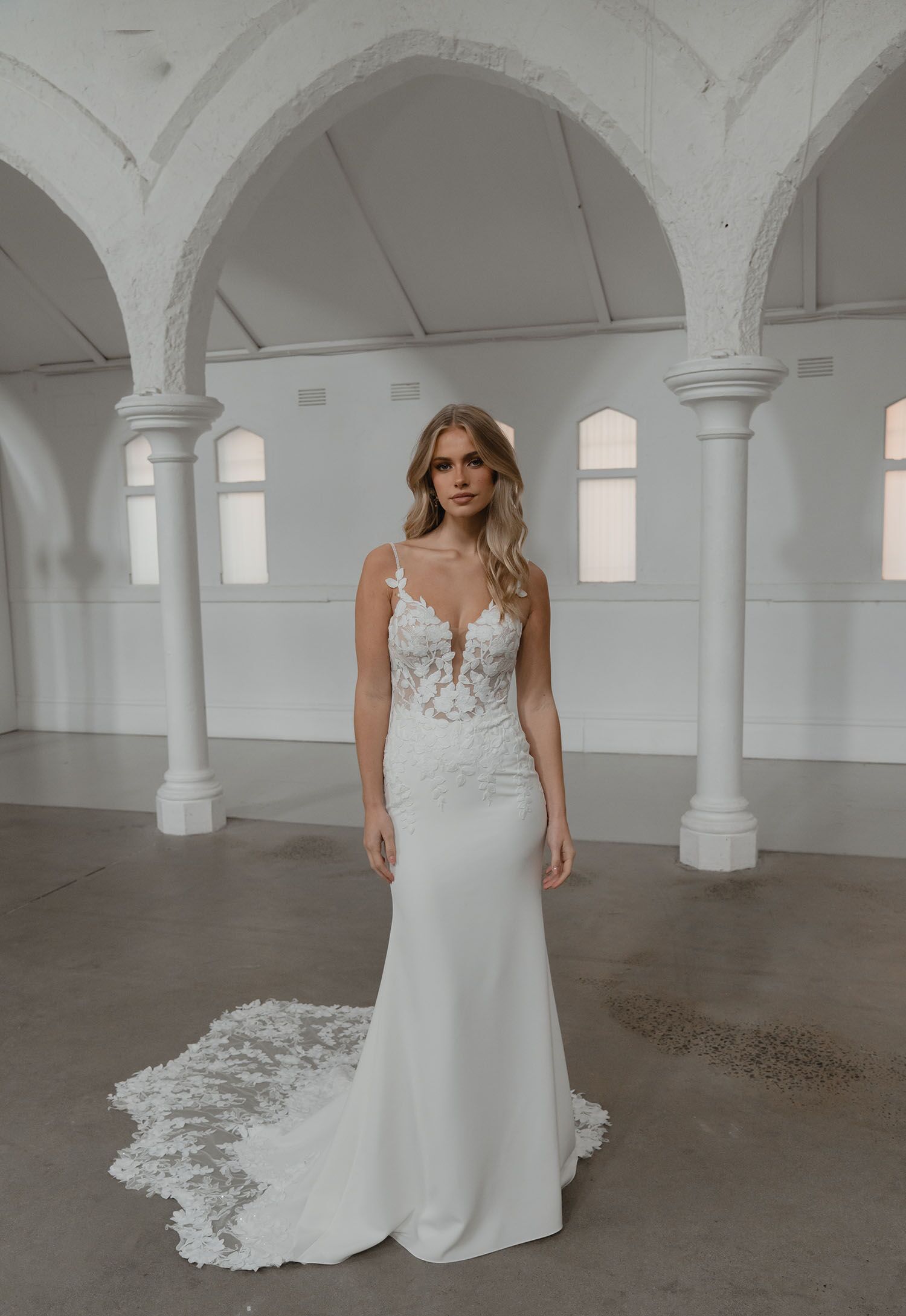 Samson Deep Plunge V Neckline with Thin Straps Fit & Flare Wedding Dress