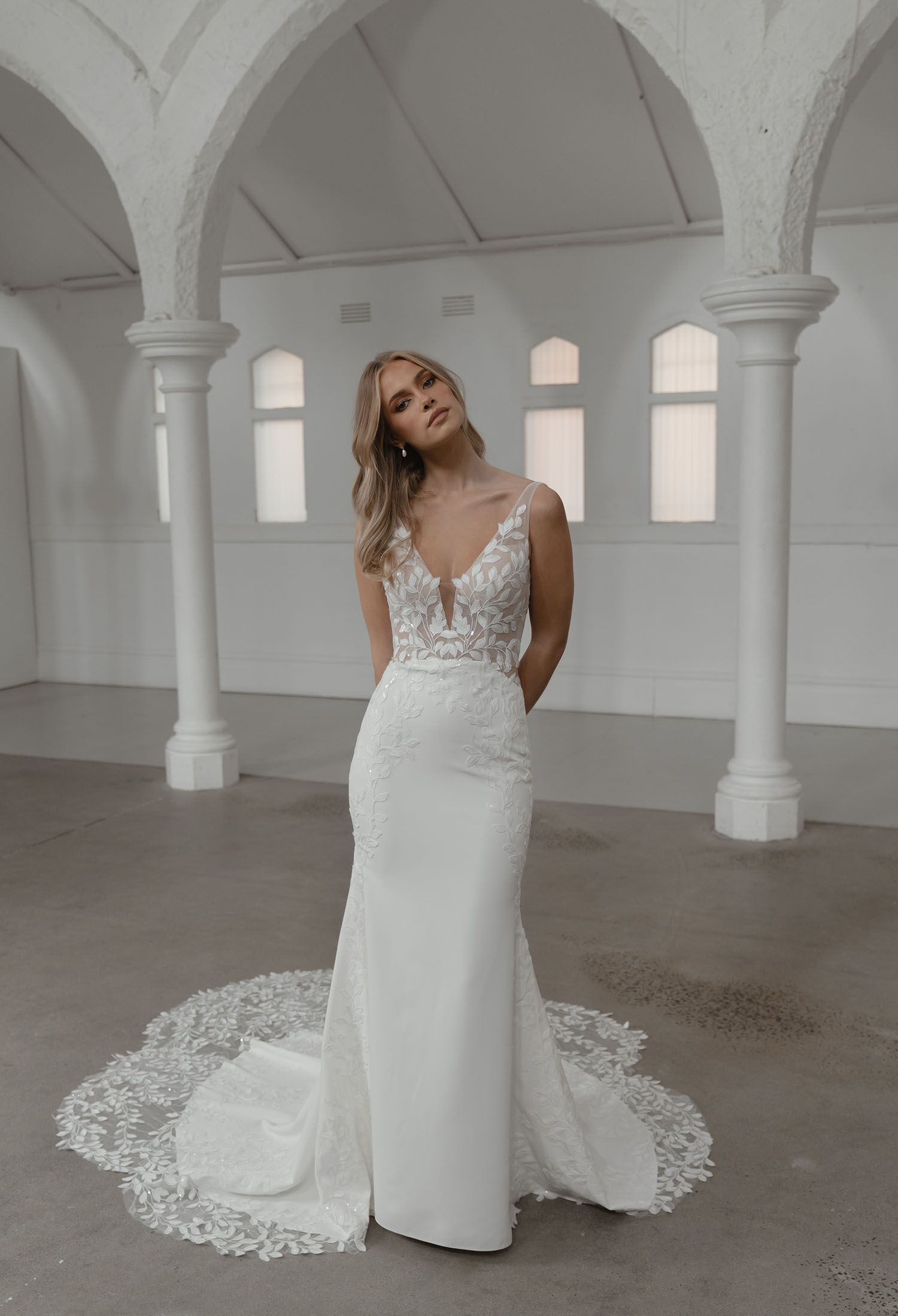 Solace V Neck Botanical Lace Wedding Dress