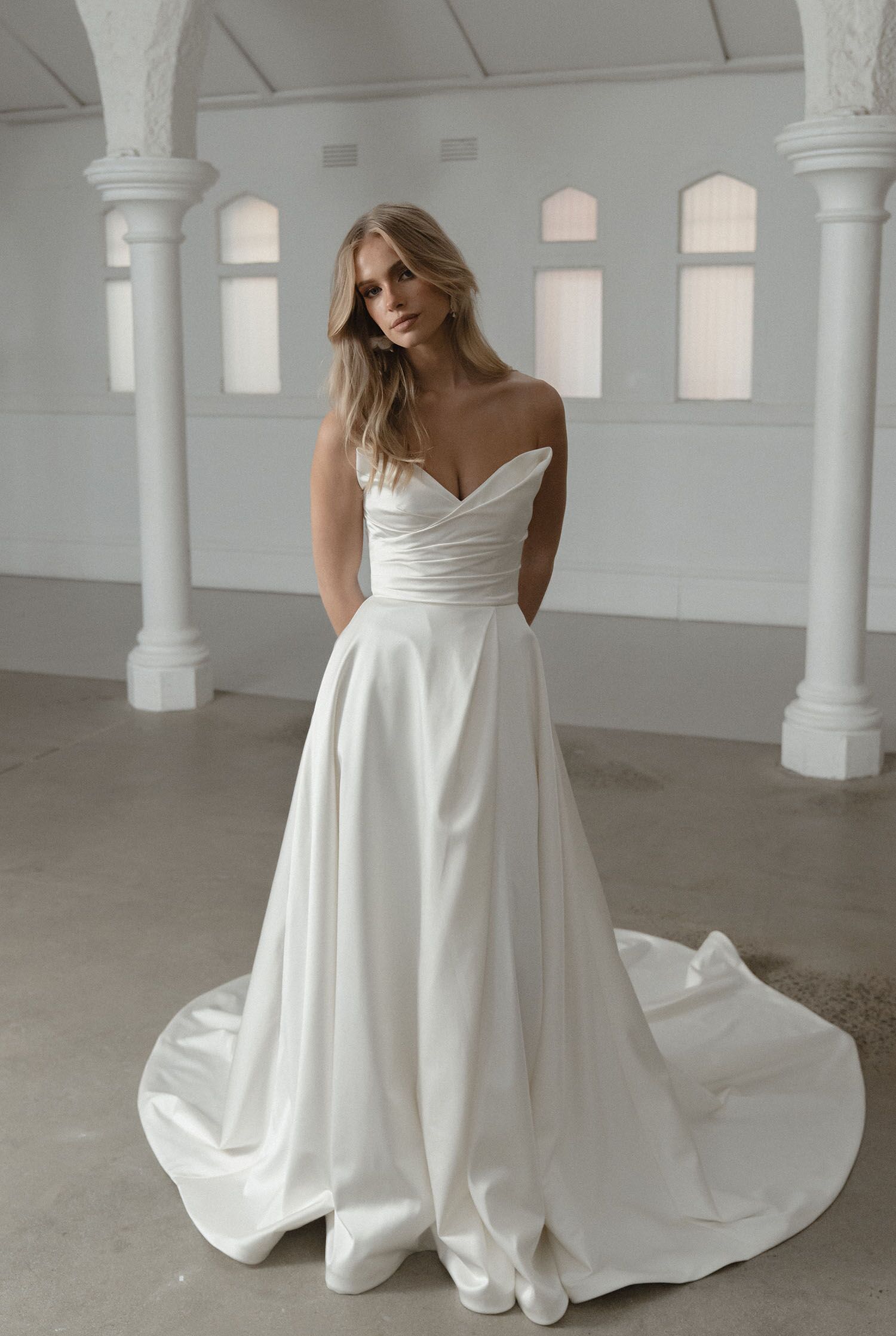 Spencer Stretch Satin 3D Cat Eye Neckline A Line Wedding Dress