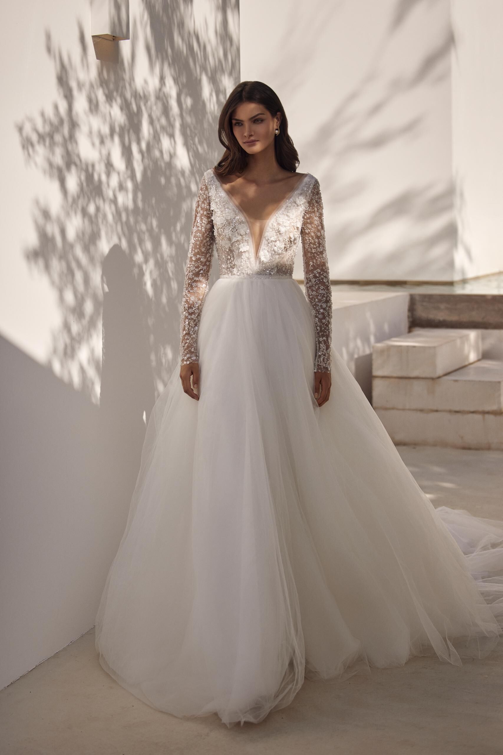 Fantasy Floral Lace Applique Plunging V Neckline Long Sleeves A-Line Wedding Gown