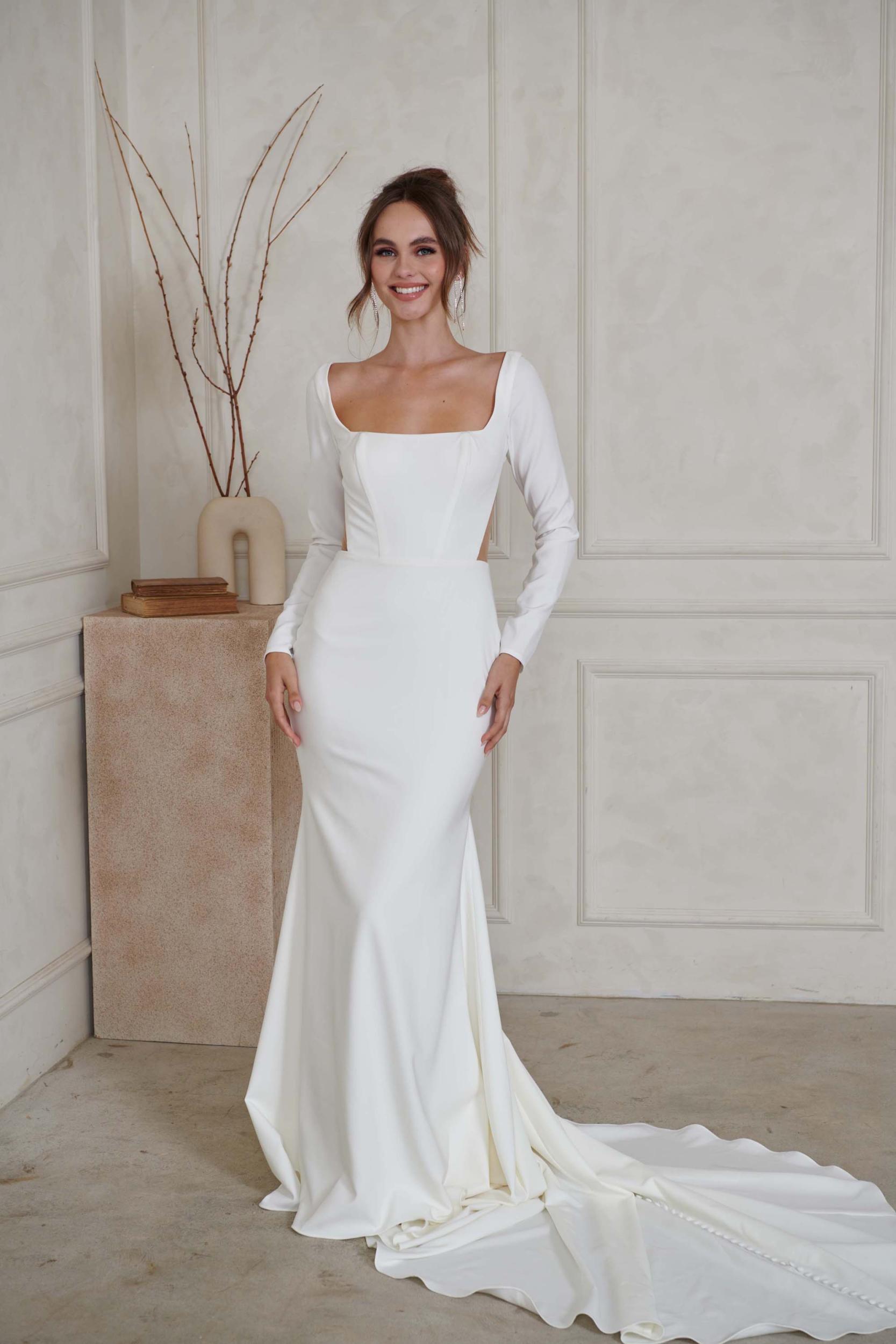 North Square Neck Detachable Long Sleeves Fit and Flare Wedding Dress