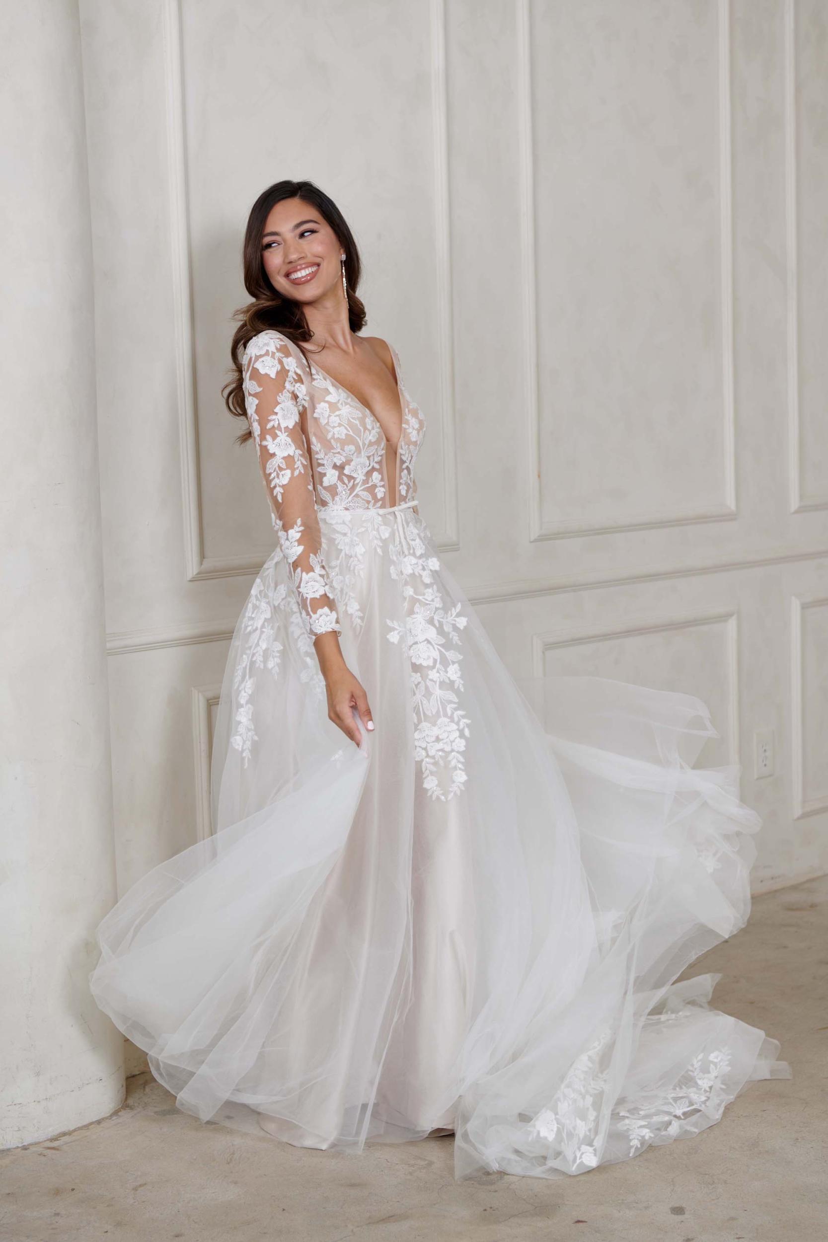 Wynn Deep V Neckline Botanical Lace A-Line Wedding Dress